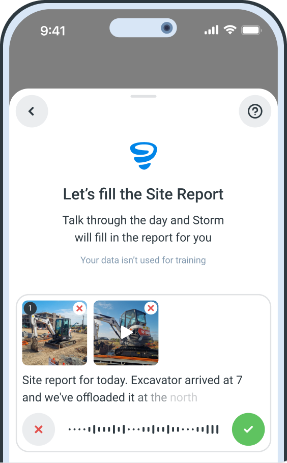 Storm filling a Site Report in the Sitemate Mobile App from a worker's voice note and photos