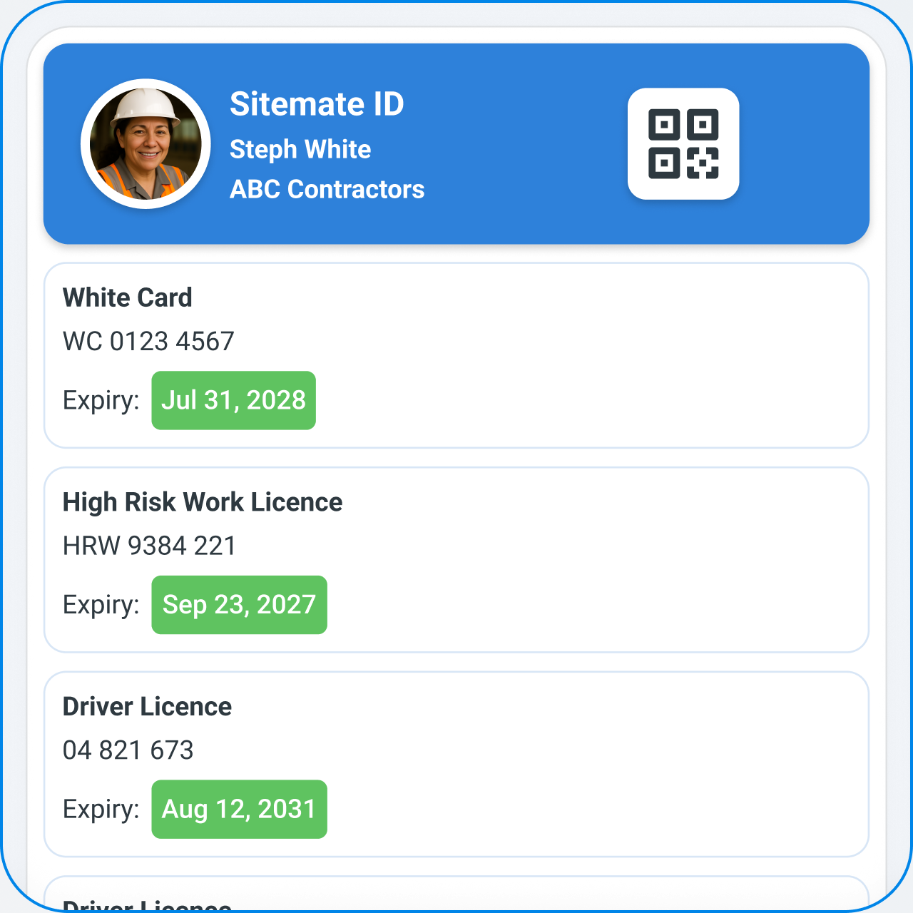 A Sitemate ID with saved cards and certifications, each showing its expiry date