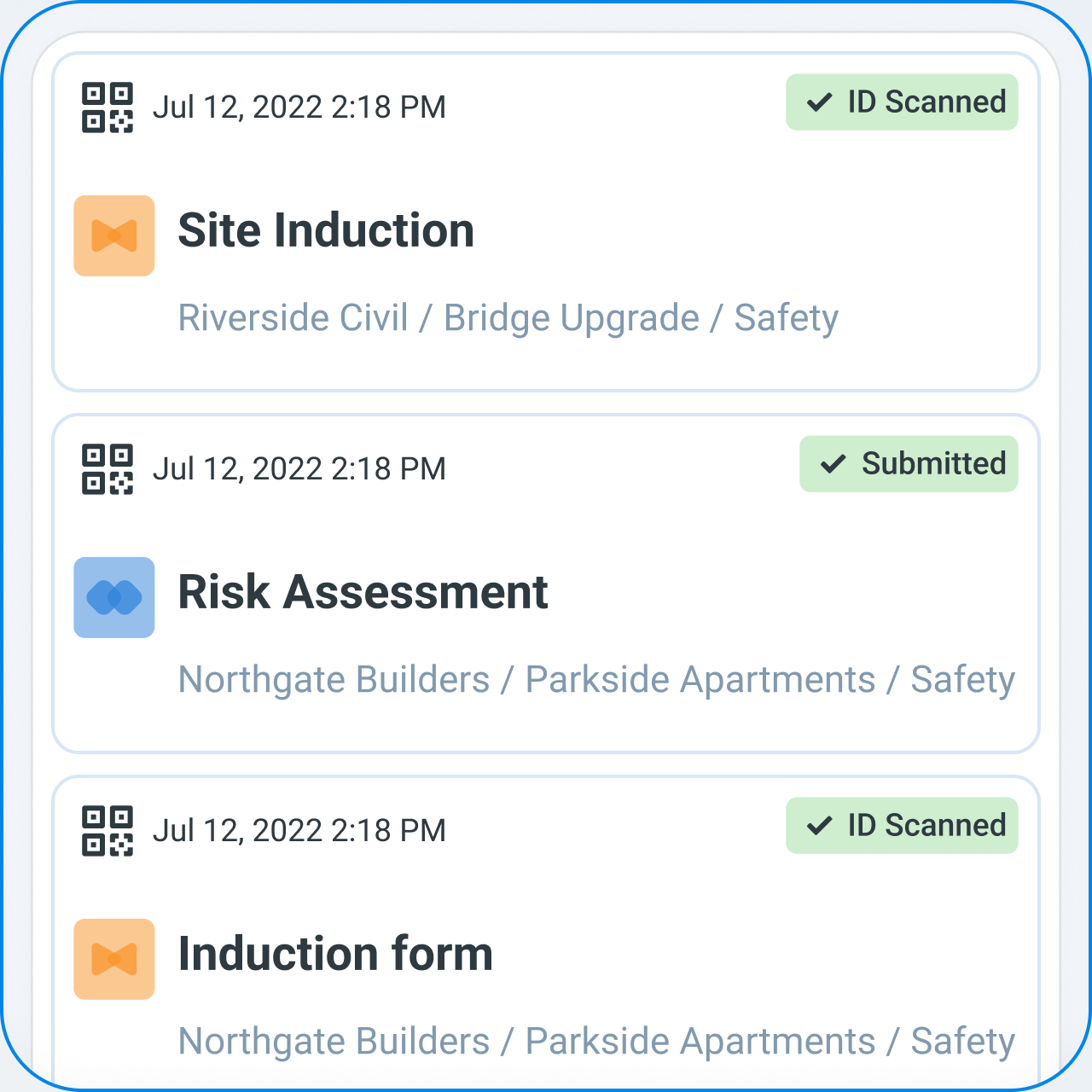 A list of site inductions and risk assessments saved to a worker's Wallet